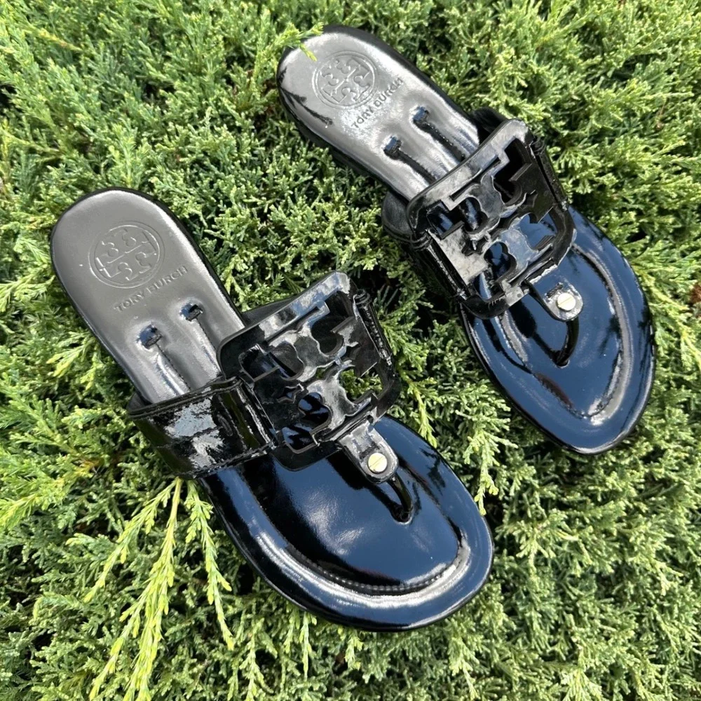 Tory Burch Miller Women's Patent Leather Logo Thong Sandals Slides Size 7 Black